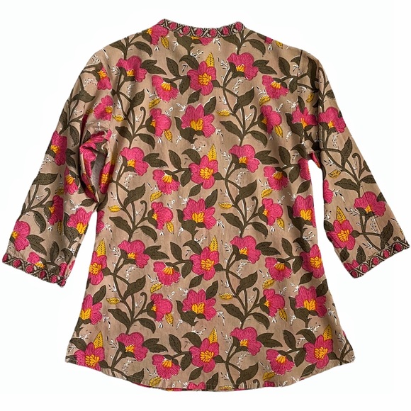 Akkriti 100% cotton floral blouse 3/4 sleeve, pink tan yellow - Picture 2 of 11